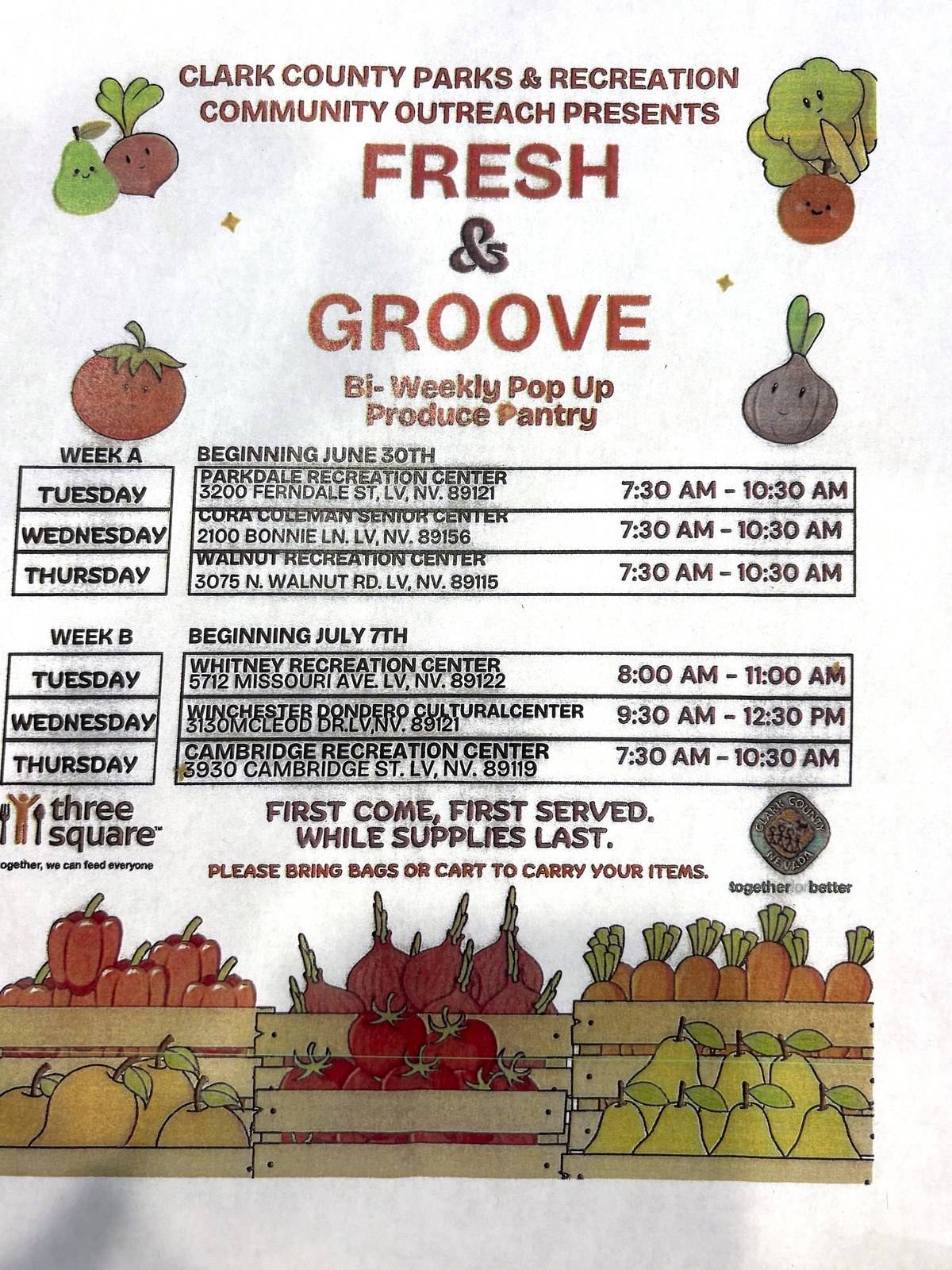 Whitney Recreation Centerで配られていたFresh & Grooveのチラシ。上段がWeek A、下段がWeek Bの巡回先（読みやすさのため背景を除いています）
