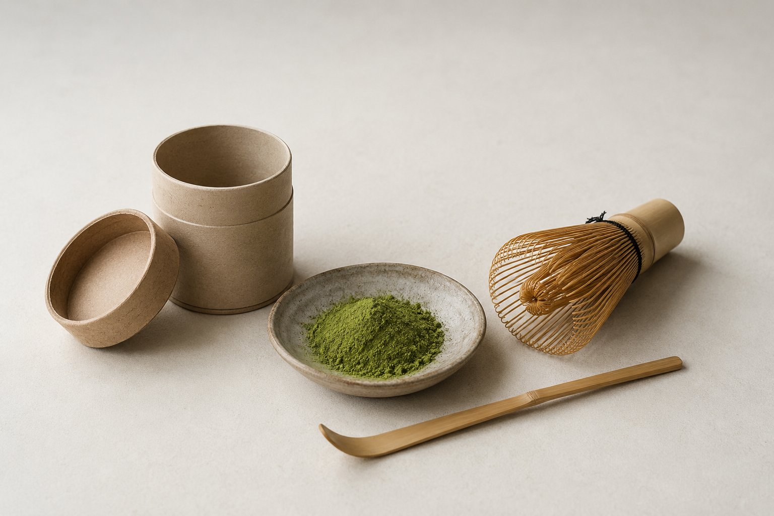抹茶と茶道具（イメージ）。同じ「抹茶」でも、点てて飲む用とラテ・製菓用は売り場での表記が違う（公的な等級区分ではない）