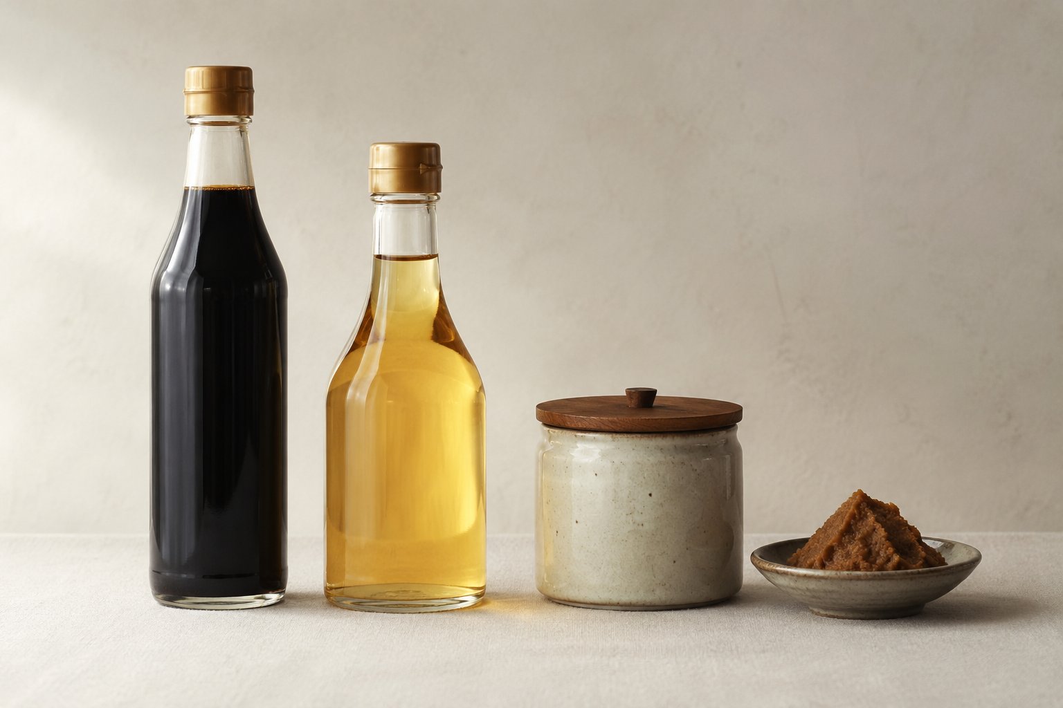 調味料の棚（イメージ）。同じ名前でも中身が違うので、見分けるのは瓶の裏の原材料表示